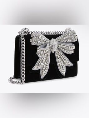 Kurt Geiger NWT Black Velvet Leather Crystal Bow Accent Crossbody Shoulder Bag